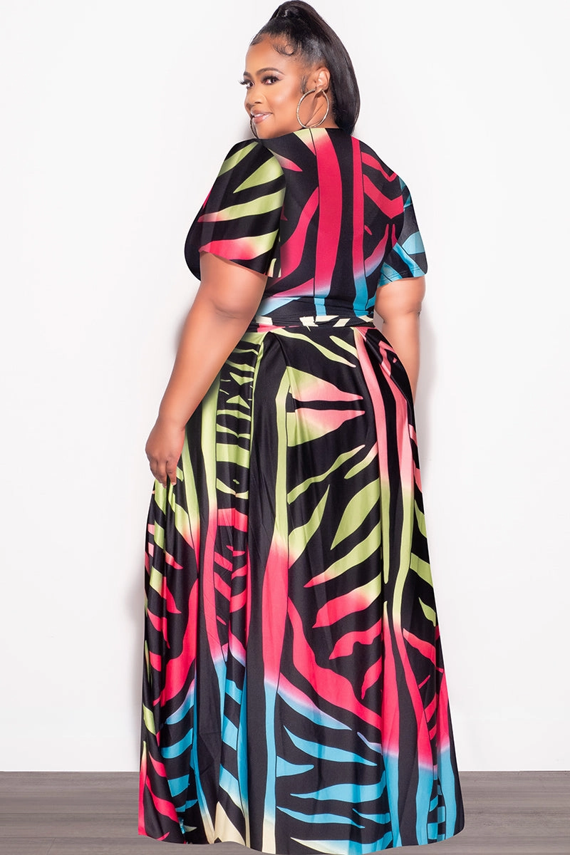 Comfortable Fit Wear Quick Fit Design Final Sale Plus Size 2pc (Faux Wrap Crop Tie Top & Skirt) Set in Black Multi-Color Print