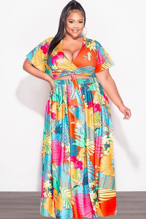Final Sale Plus Size 2pc (Faux Wrap Crop Tie Top & Skirt) Set in Orange and Fuchsia Multi Color Floral Print No Ride Up Luxe Look