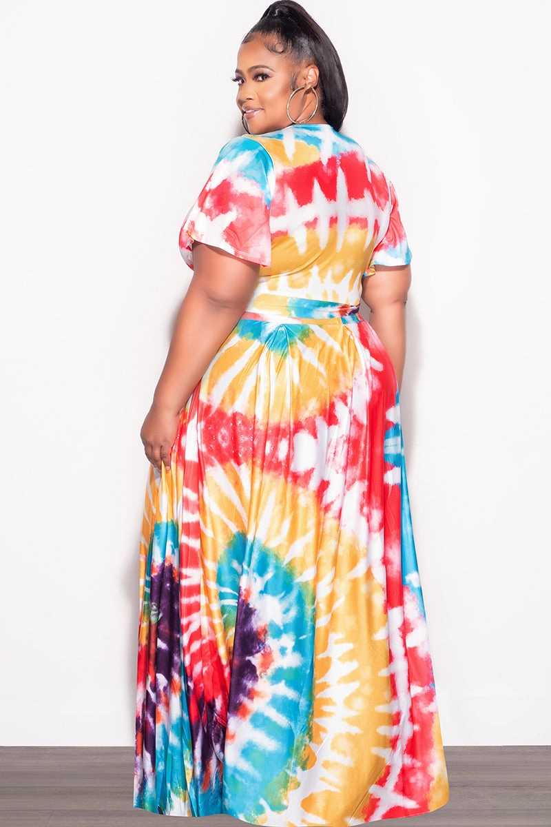Final Sale Plus Size 2pc (Faux Wrap Crop Tie Top & Skirt) Set in Red /Purple Multi Tie Dye TailoredSilhouette Modern Fit
