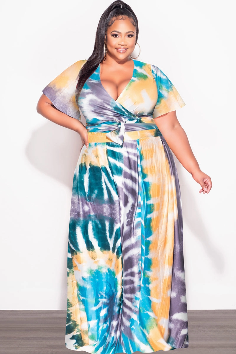 Breathable mesh lining Seamless Wear Final Sale Plus Size 2pc (Faux Wrap Crop Tie Top & Skirt) Set in Teal / Mustard Tie Dye Print