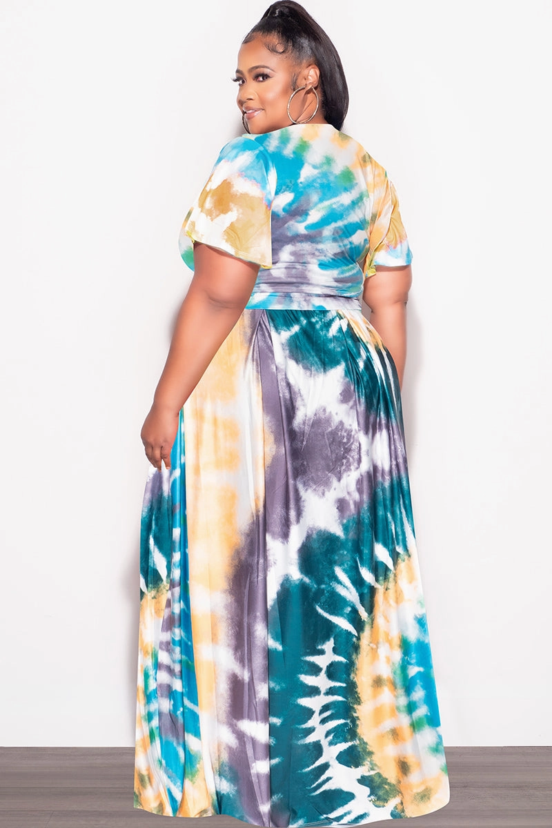 Final Sale Plus Size 2pc (Faux Wrap Crop Tie Top & Skirt) Set in Teal / Mustard Tie Dye Print Secure fit Secure Cuff Design