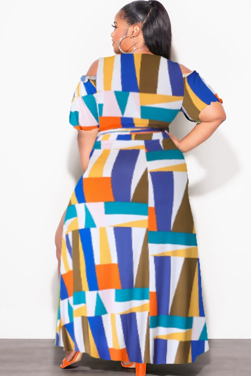 Perfect Stretch Everyday Comfort Final Sale Plus Size 2pc Faux Wrap Crop Tie Top and Double Slit Skirt Set in Multi Color Design Print
