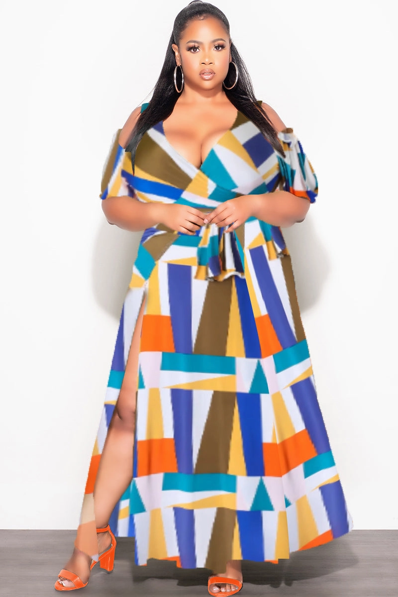Final Sale Plus Size 2pc Faux Wrap Crop Tie Top and Double Slit Skirt Set in Multi Color Design Print Comfy Shape