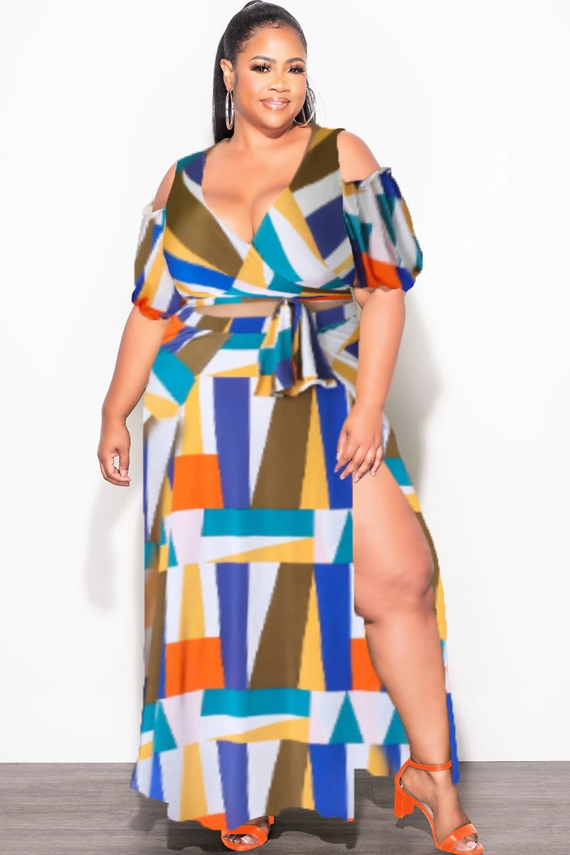 Flat Lock Stitching Seasonless wear Final Sale Plus Size 2pc Faux Wrap Crop Tie Top and Double Slit Skirt Set in Multi Color Design Print