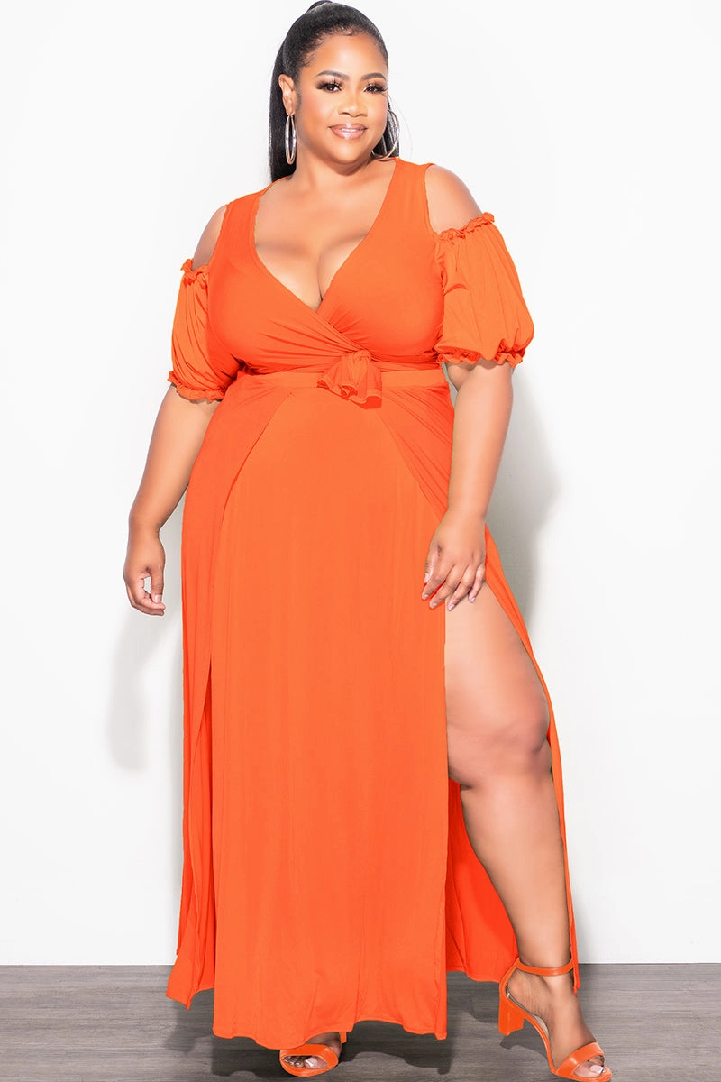 Core Stretch Final Sale Plus Size 2pc Faux Wrap Crop Tie Top and Double Slit Skirt Set in Neon Orange