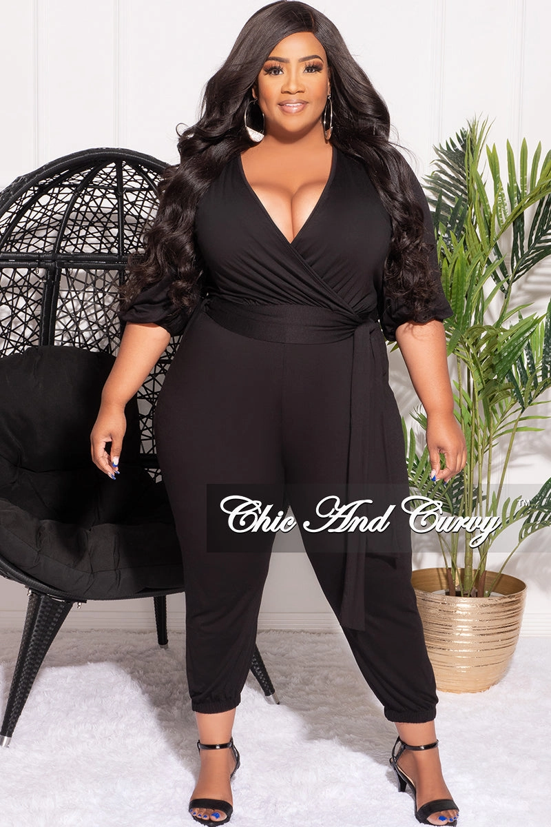 Tapered Look Final Sale Plus Size 2pc Faux Wrap Tie Top and Pants Set in Black