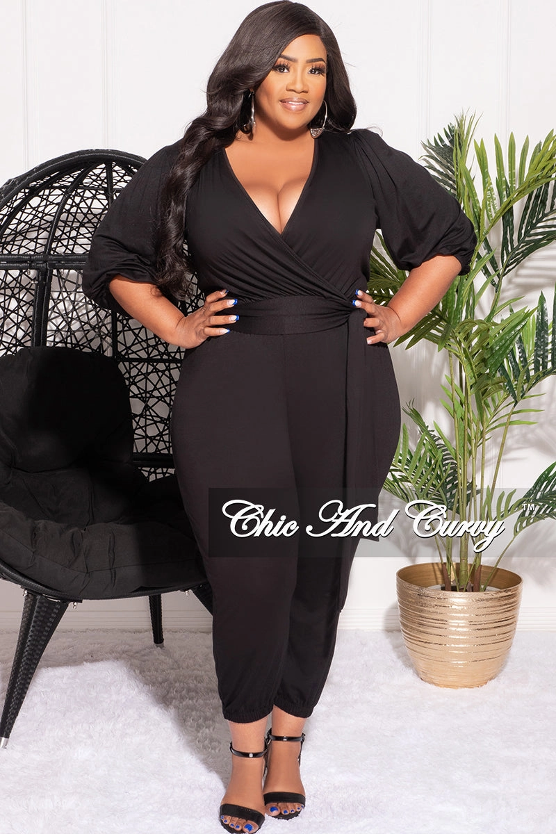 Final Sale Plus Size 2pc Faux Wrap Tie Top and Pants Set in Black Cozy Stretch Flex Fit Design