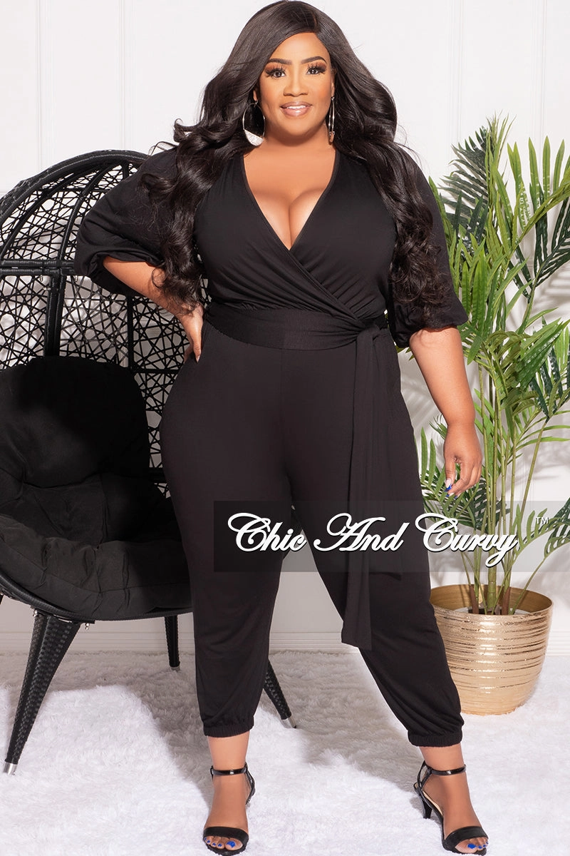 Sport Performance Design Final Sale Plus Size 2pc Faux Wrap Tie Top and Pants Set in Black