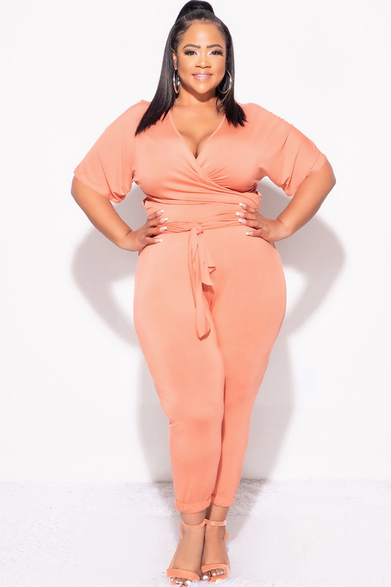 Final Sale Plus Size 2pc Faux Wrap Top & Pants in Rust All Season Wear