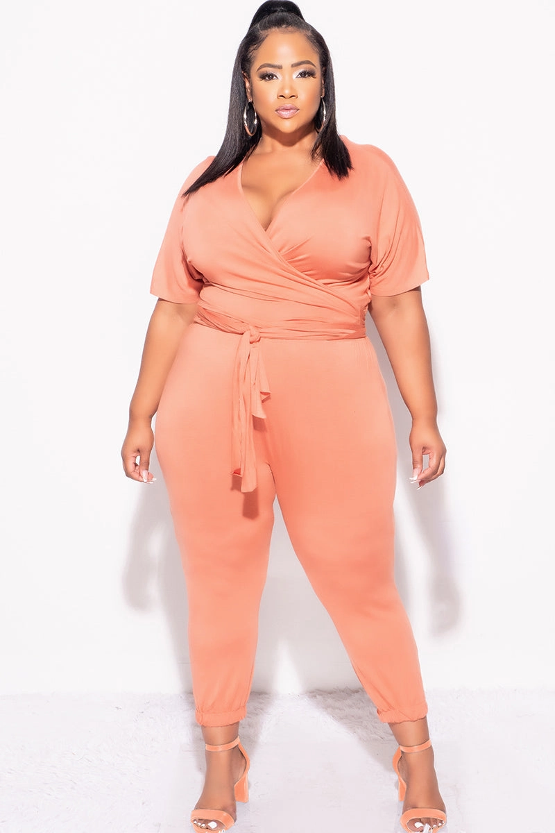Final Sale Plus Size 2pc Faux Wrap Top & Pants in Rust Compact Pack ripstop fabric