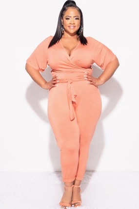 Final Sale Plus Size 2pc Faux Wrap Top & Pants in Rust All Season Wear