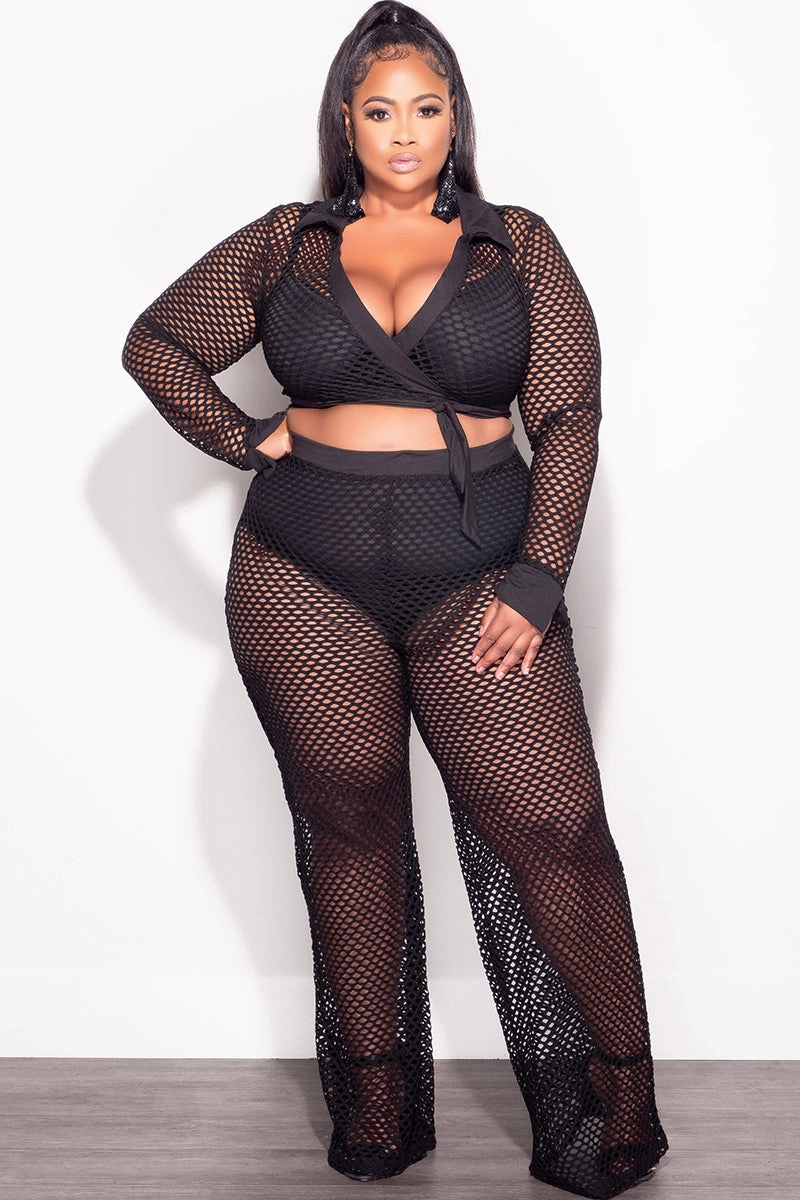 Final Sale Plus Size 2pc Fishnet Faux Wrap Tie Top and Pants Set in Black Modern Waist