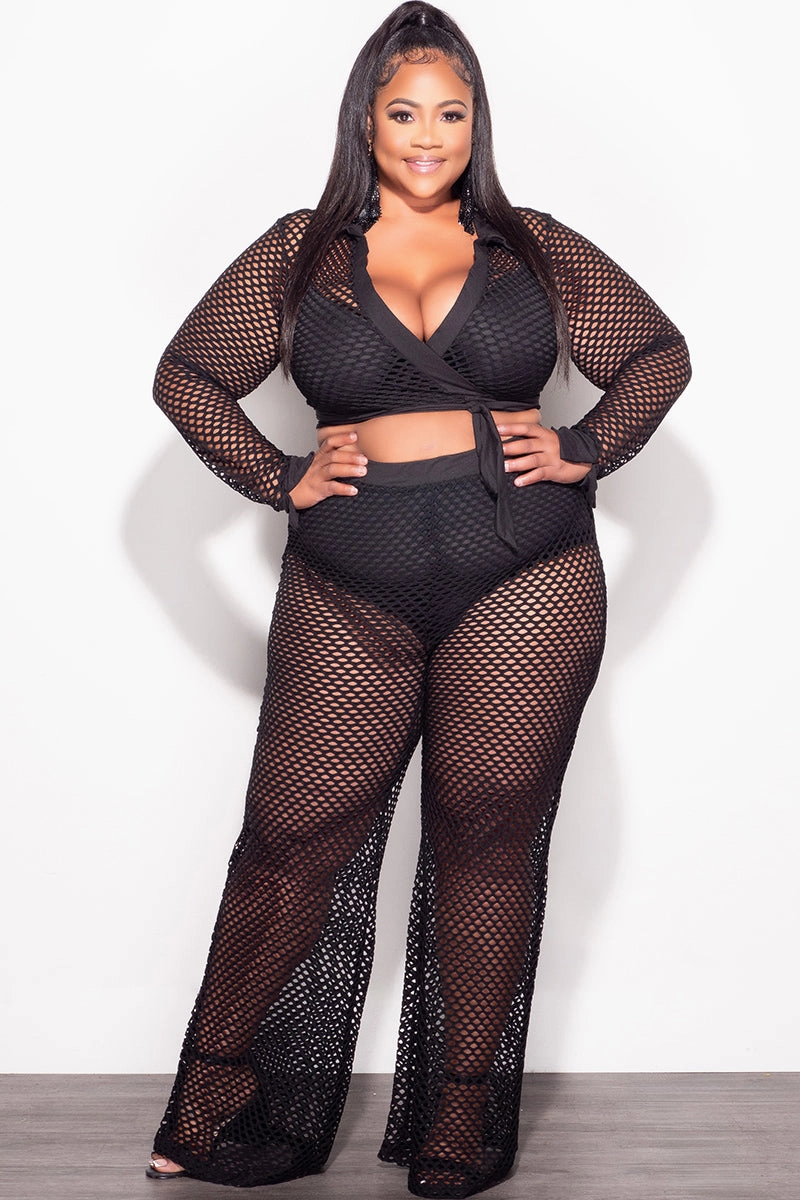 Body Ready Final Sale Plus Size 2pc Fishnet Faux Wrap Tie Top and Pants Set in Black