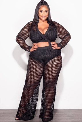 Body Ready Final Sale Plus Size 2pc Fishnet Faux Wrap Tie Top and Pants Set in Black