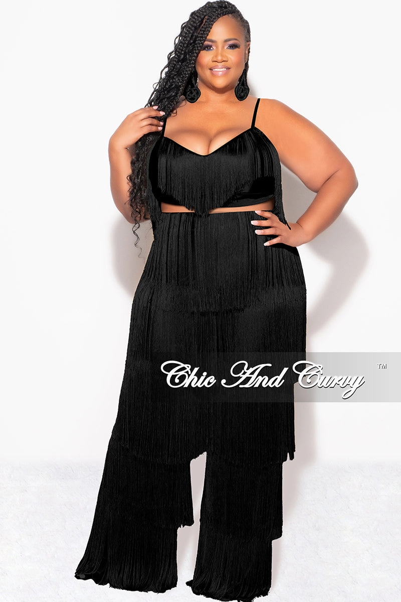 Ripped design Soft and Stretchy Final Sale Plus Size 2pc Fringe Layered Bra Top and Pants Set In Black