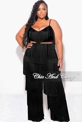 ReinforcedSeams Stretch Layer Fit Final Sale Plus Size 2pc Fringe Layered Bra Top and Pants Set In Black