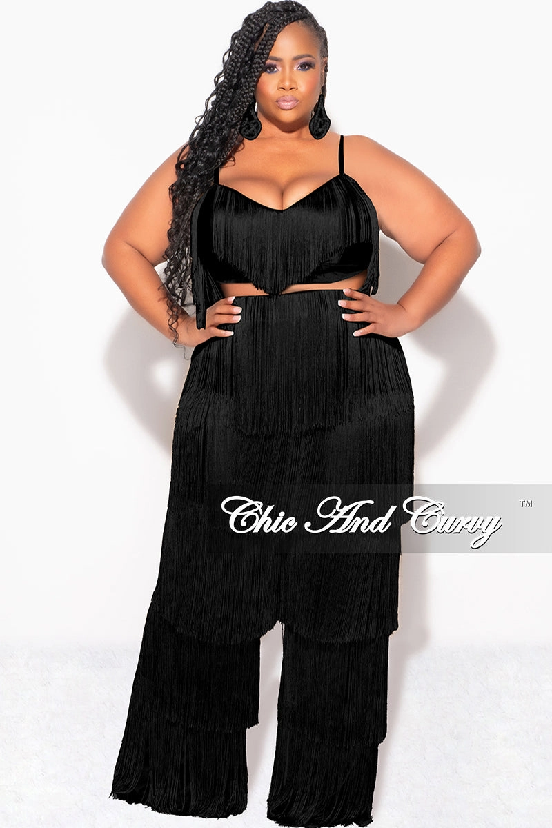 Outdoor Essentials Comfort Stretch Final Sale Plus Size 2pc Fringe Layered Bra Top and Pants Set In Black