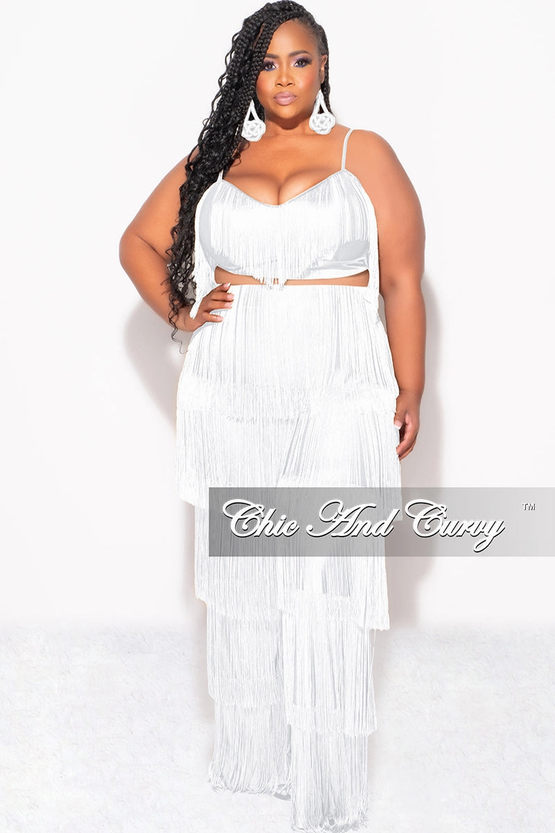 Water Repellent Outdoor Adventure Final Sale Plus Size 2pc Fringe Layered Bra Top and Pants Set In White