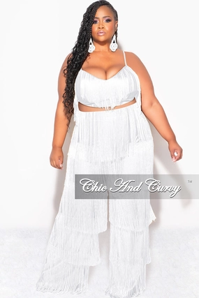 Sweat Resistant Final Sale Plus Size 2pc Fringe Layered Bra Top and Pants Set In White