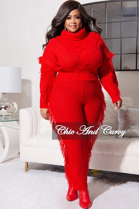 Casual Fit Urban Ready Final Sale Plus Size 2pc Fringe Sweater Pants Set in Red