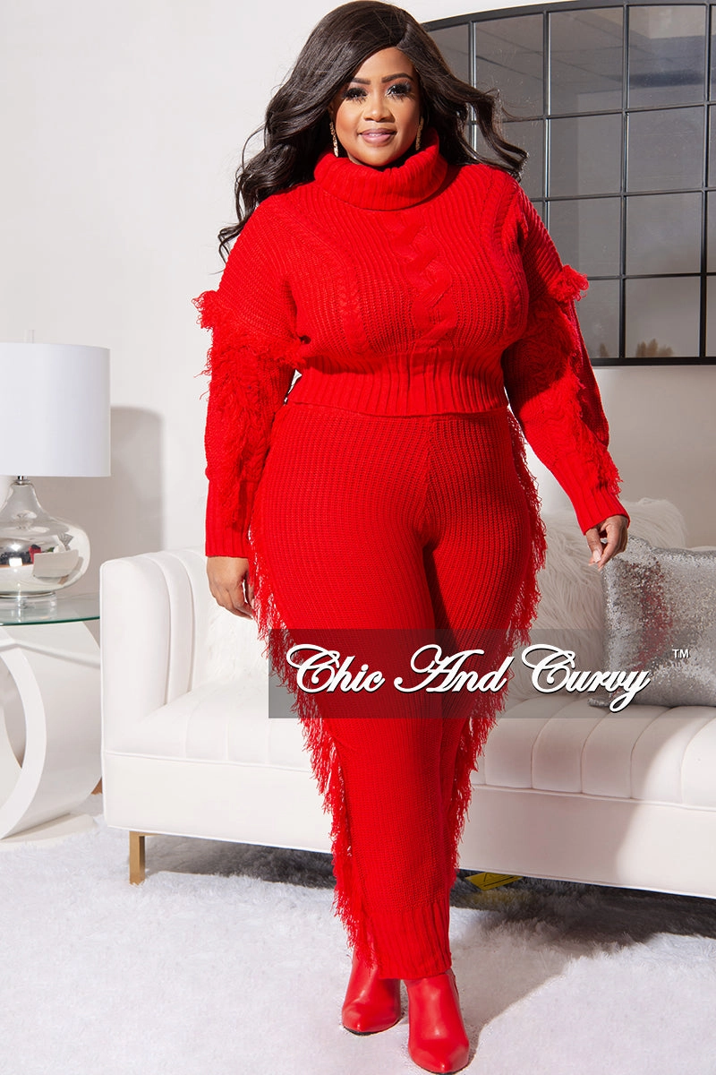 Casual Fit Urban Ready Final Sale Plus Size 2pc Fringe Sweater Pants Set in Red