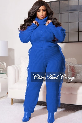 Durable Construction Final Sale Plus Size 2pc Fringe Sweater Pants Set in Royal Blue