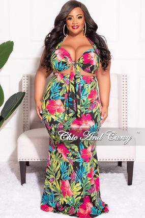 Final Sale Plus Size 2pc Halter Crop Tie Top and Maxi Skirt Set in Fuchsia & Black Floral Print Premium Look