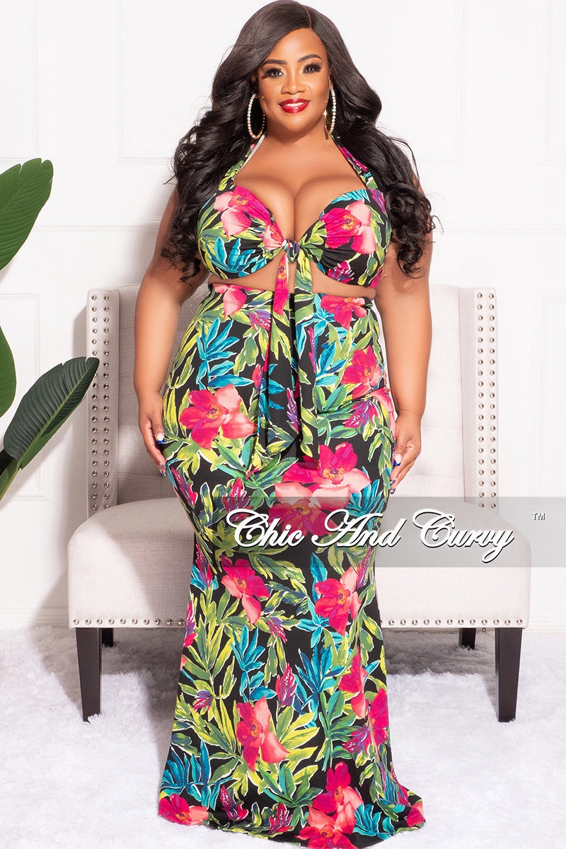 Final Sale Plus Size 2pc Halter Crop Tie Top and Maxi Skirt Set in Fuchsia & Black Floral Print Premium Look