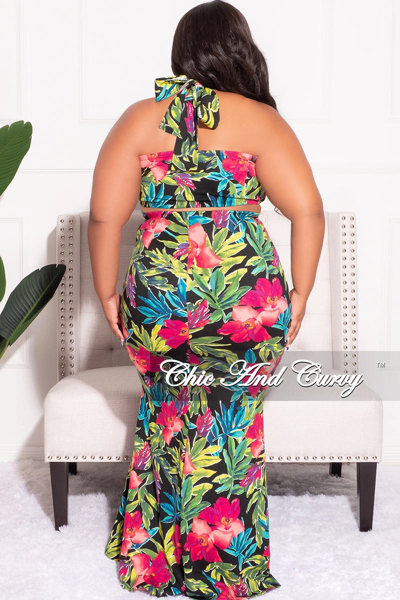 Final Sale Plus Size 2pc Halter Crop Tie Top and Maxi Skirt Set in Fuchsia & Black Floral Print Stain Release Finish Tear Resistant Fabric