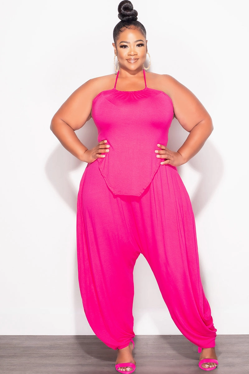 Mesh Panel Comfortable Layers Final Sale Plus Size 2pc Halter Top and Harem Pants in Pink