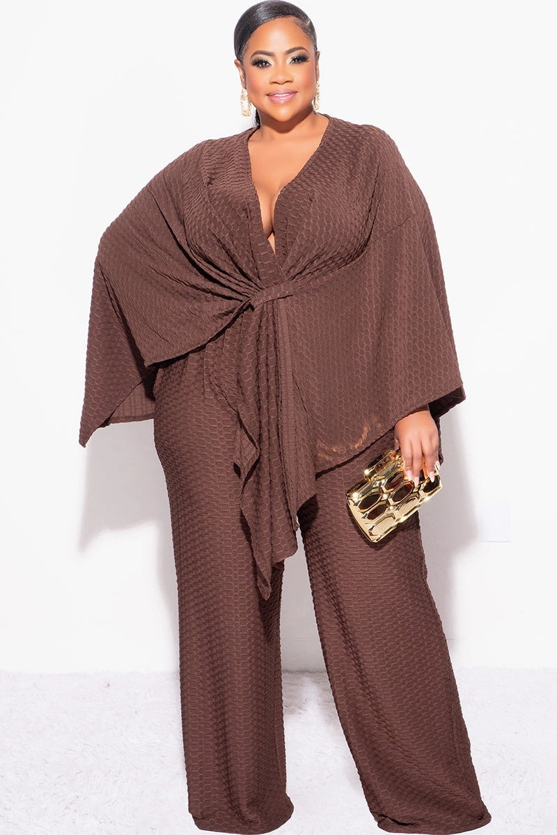 Elastic Fit Casual Vibes Final Sale Plus Size 2pc Honeycomb Texture Top and Pants Set in Brown