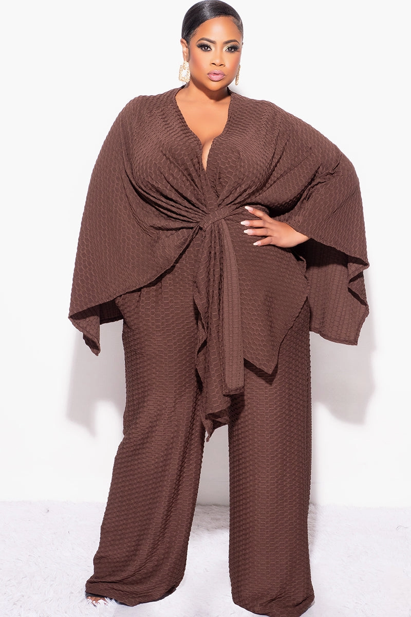 Quick Wash Final Sale Plus Size 2pc Honeycomb Texture Top and Pants Set in Brown