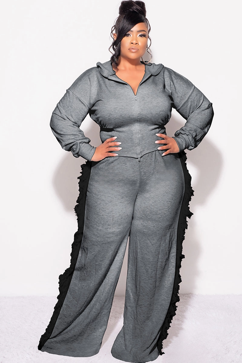 Final Sale Plus Size 2pc Hooded Pant Set in Charcoal with Black Tassels Light Wear Fit