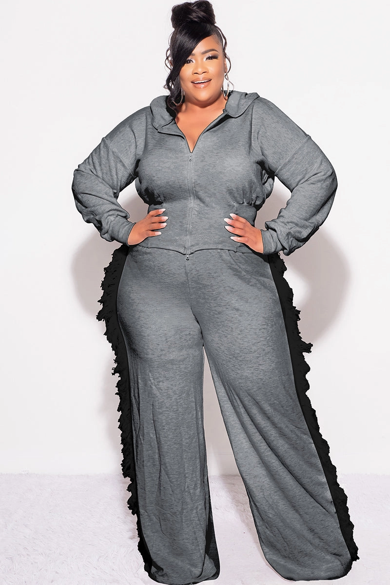 Flexible Motion Comfort-First Final Sale Plus Size 2pc Hooded Pant Set in Charcoal with Black Tassels