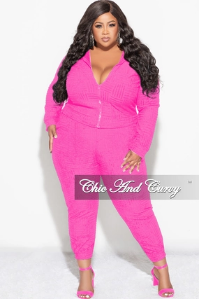 Stretch Material Final Sale Plus Size 2pc Hooded Zip-Up Jacket and Pants Set in Fuchsia