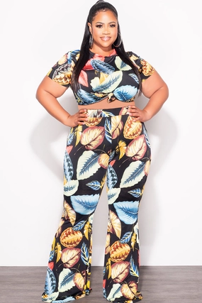 Final Sale Plus Size 2pc (Knotted Top & Palazzo Pants) Set in Black Palm Print Cozy Movement