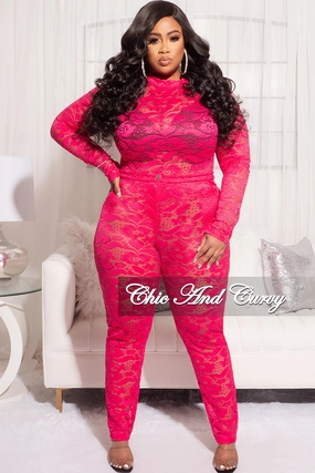 Reinforced Knees Final Sale Plus Size 2pc Lace Bodysuit & Pants in Fuchsia