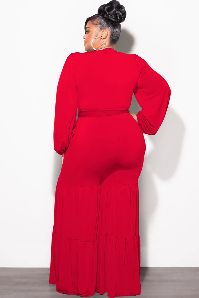 Layer-Friendly Fit Final Sale Plus Size 2pc Long Sleeve Crop Tie Top and 3-Layer Pants Set in Red