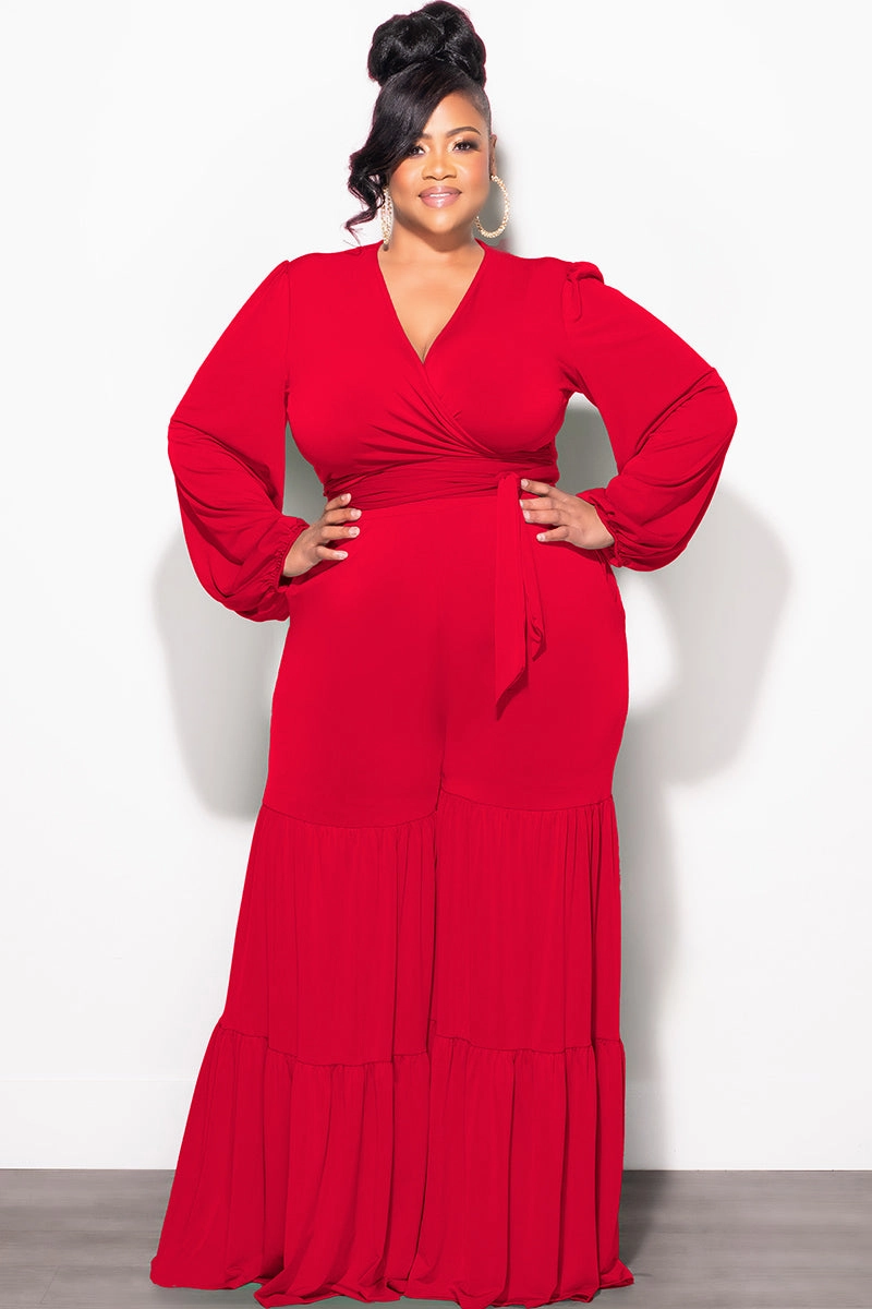 Final Sale Plus Size 2pc Long Sleeve Crop Tie Top and 3-Layer Pants Set in Red Breathable Waist