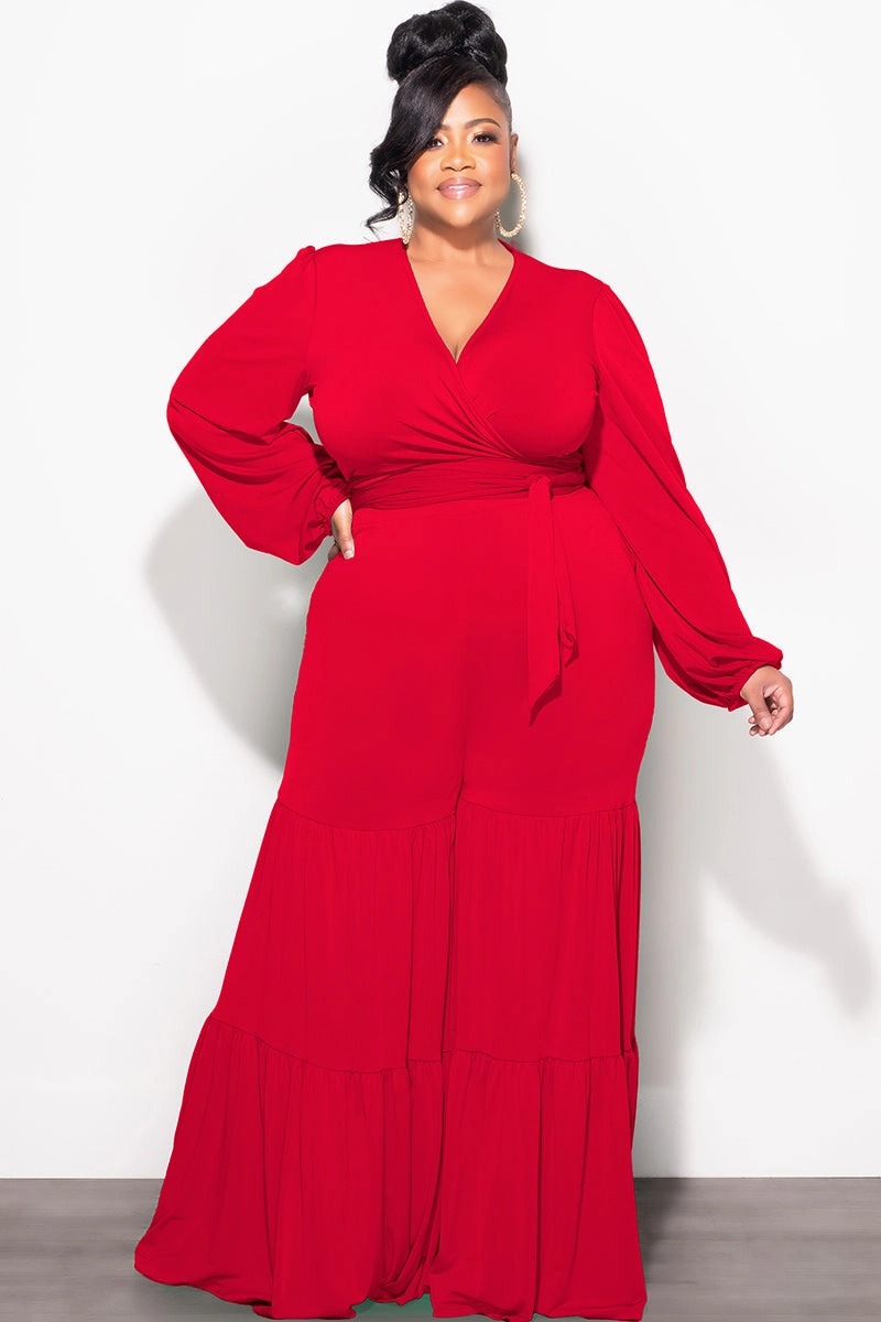 Comfy Ease Final Sale Plus Size 2pc Long Sleeve Crop Tie Top and 3-Layer Pants Set in Red