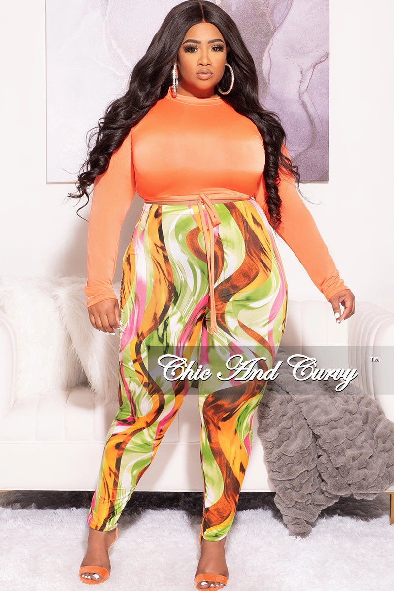 Final Sale Plus Size 2pc Long Sleeve Crop Tie Top and Pants in Neon Orange & Multi Color Movement Ready Fit Urban Edge