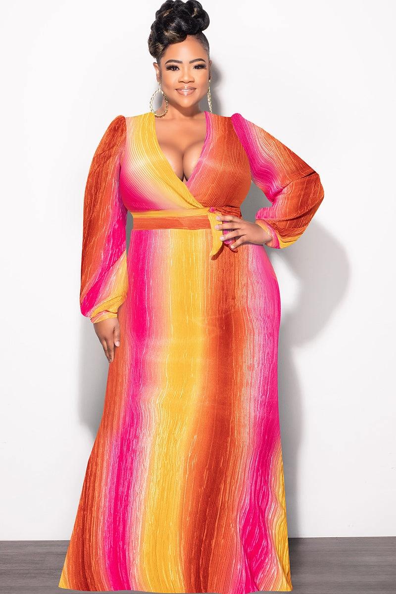 Final Sale Plus Size 2pc Long Sleeve Crop Tie Top and Skirt Set in Pleated Mustard & Fuchsia Sporty Comfort Fit