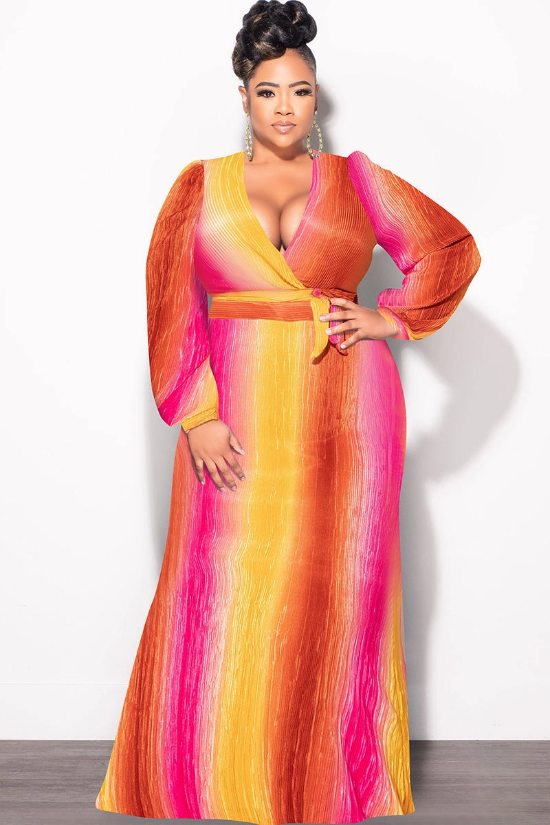 Final Sale Plus Size 2pc Long Sleeve Crop Tie Top and Skirt Set in Pleated Mustard & Fuchsia Sport Flex