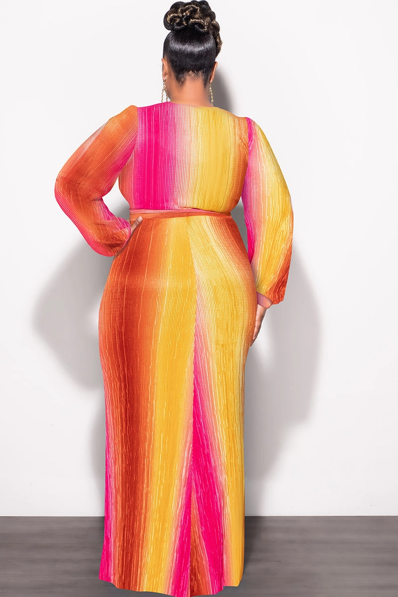 Final Sale Plus Size 2pc Long Sleeve Crop Tie Top and Skirt Set in Pleated Mustard & Fuchsia Breathable Weave Fabric