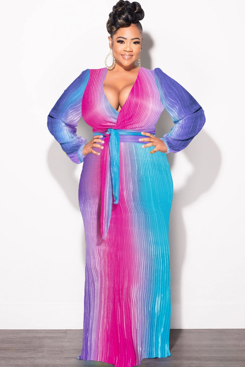 Final Sale Plus Size 2pc Long Sleeve Crop Tie Top and Skirt Set in Pleated Purple Magenta and Turquoise Flex Wear Design