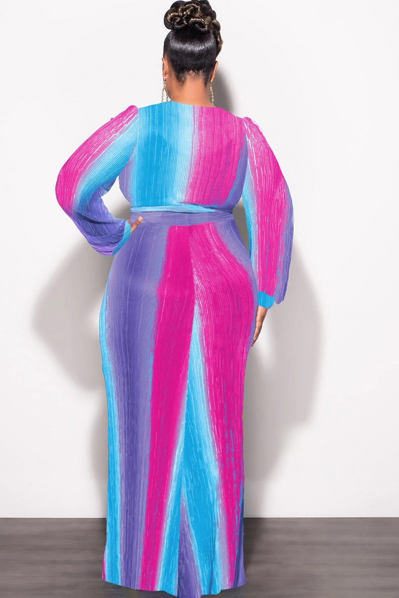 Premium Look Urban Style Final Sale Plus Size 2pc Long Sleeve Crop Tie Top and Skirt Set in Pleated Purple Magenta and Turquoise