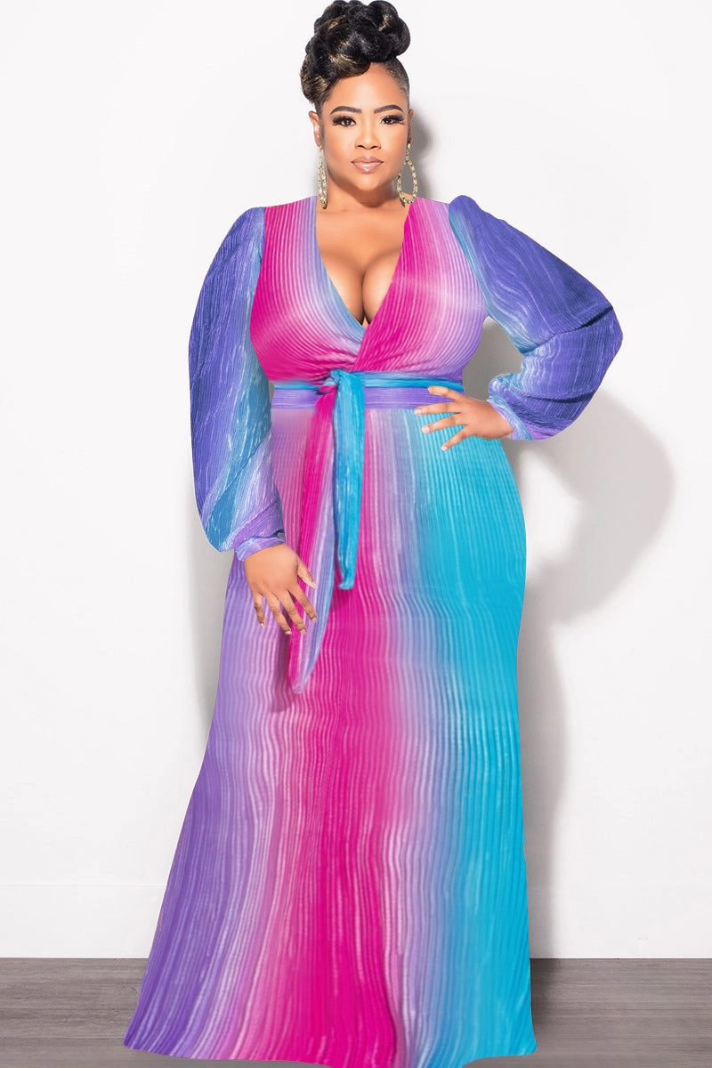 Roll-up style Final Sale Plus Size 2pc Long Sleeve Crop Tie Top and Skirt Set in Pleated Purple Magenta and Turquoise