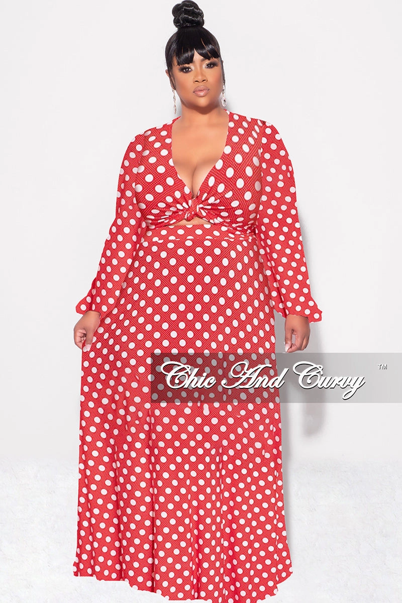 Cooling Fabric Final Sale Plus Size 2pc Long Sleeve Crop Tie Top and Skirt Set in Red with White Polka Dots