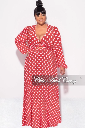 Final Sale Plus Size 2pc Long Sleeve Crop Tie Top and Skirt Set in Red with White Polka Dots SnagFreeFabric pilling resistant