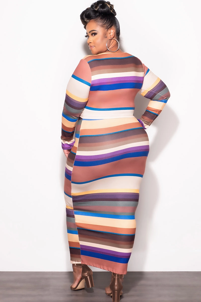 Perfect Comfort Thermal Lining Final Sale Plus Size 2pc Long Sleeve Crop Top and Skirt Set in Multi Color Stripe Print